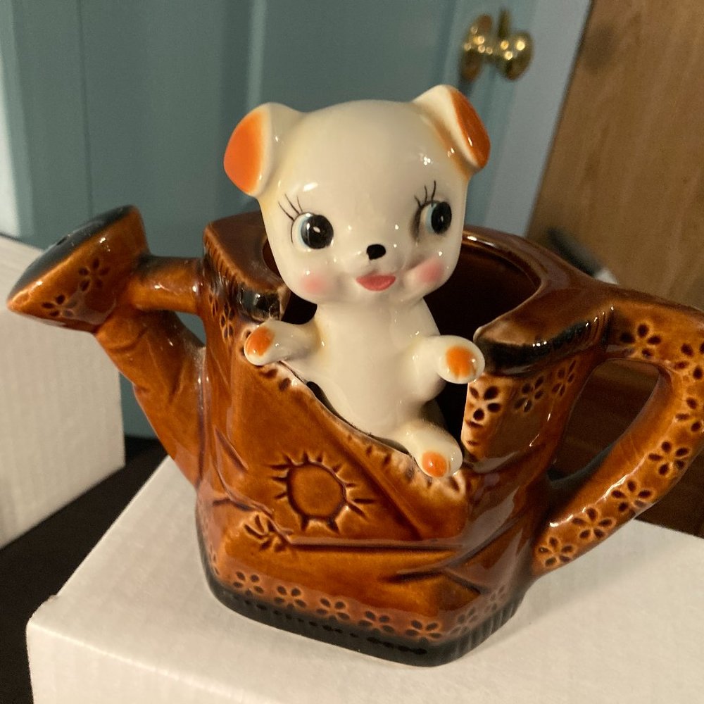 VTG 1950's Ceramic Planter/Vase Beige Puppy Playing In Brown Water Can-5.5" X 7"